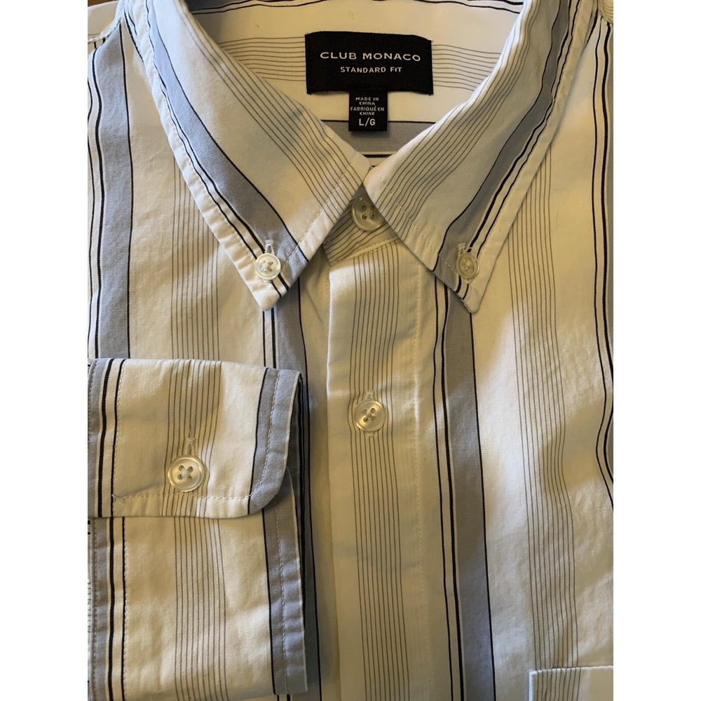 Club Monaco Button Down Long Sleeve Shirt Men's L White with Blue Stripes